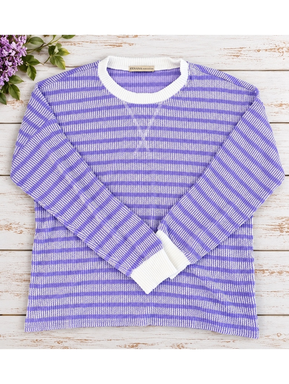 Zenana Lavender & White Striped Knit Pullover Sweater Size Small NWT